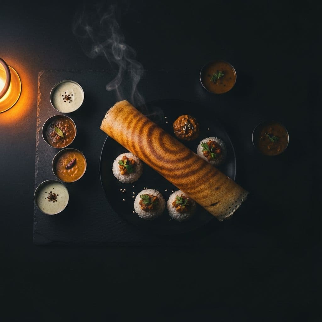 A beautifully plated dosa on a dark surface with ambient restaurant lighting